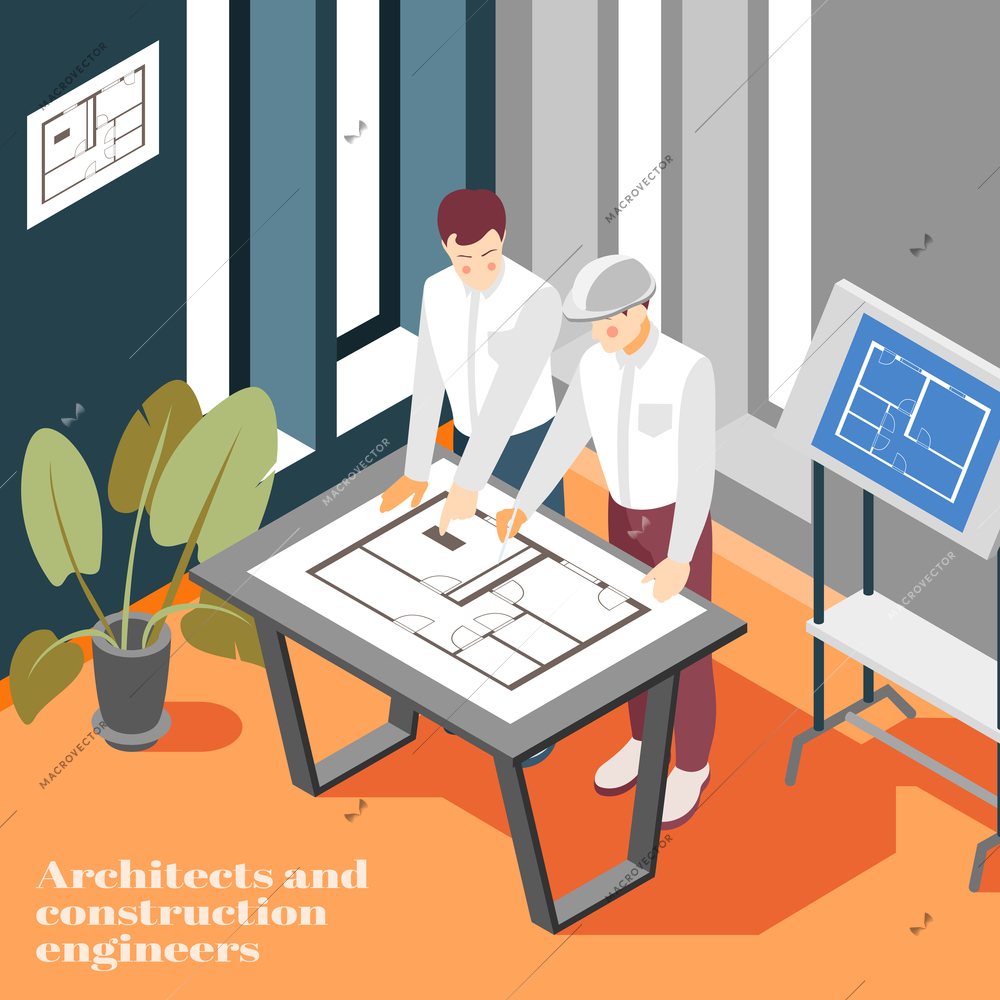 Architectural engineers office work isometric composition with building construction planning sketching technical drawing blueprint background vector illustration