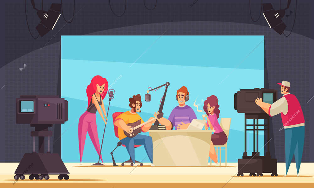 Radio recording background with live show and music symbols flat vector illustration