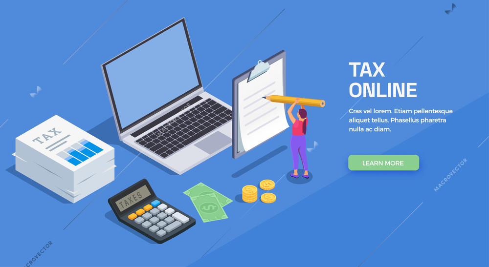 Taxes accounting isometric background for website banner with editable text learn more button and workspace images vector illustration