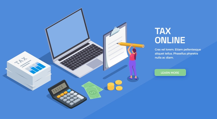 Taxes accounting isometric background for website banner with editable text learn more button and workspace images vector illustration