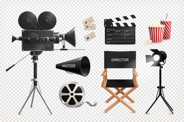 Cinema film production realistic set of isolated images on transparent background with camera reel and chair vector illustration