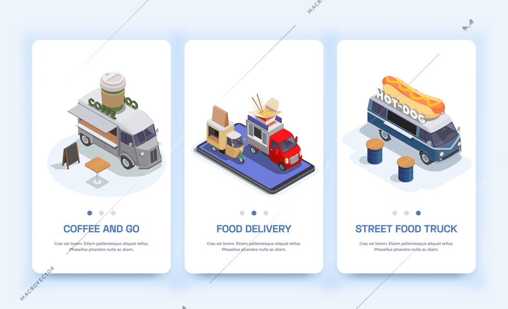 Set with three vertical isolated food truck isometric banners with page switch buttons text and cars vector illustration