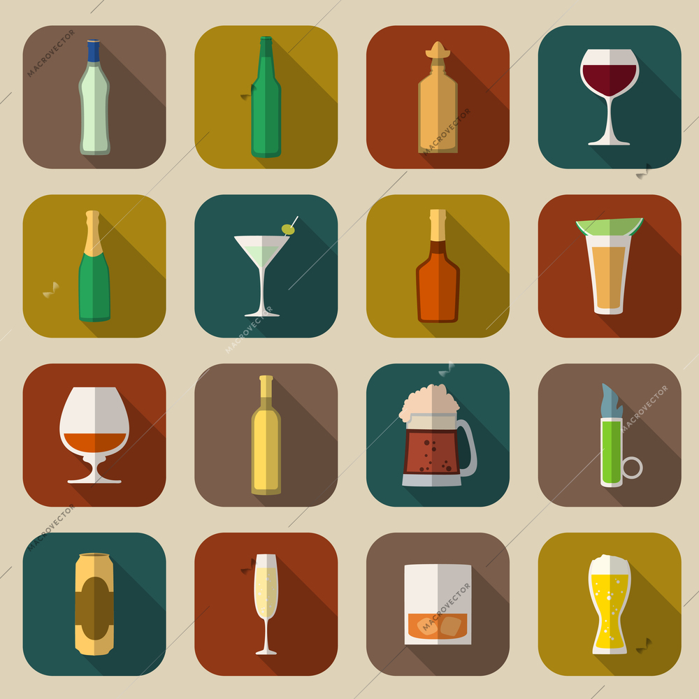 Alcohol drinks bottles and glass icons flat set of tequila vermouth whiskey isolated vector illustration