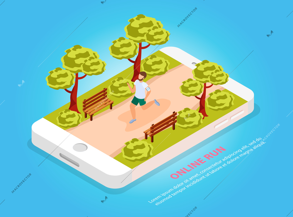 City people workout online run community isometric composition with jogger in park on mobile screen vector illustration