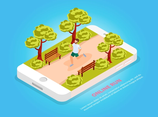 City people workout online run community isometric composition with jogger in park on mobile screen vector illustration