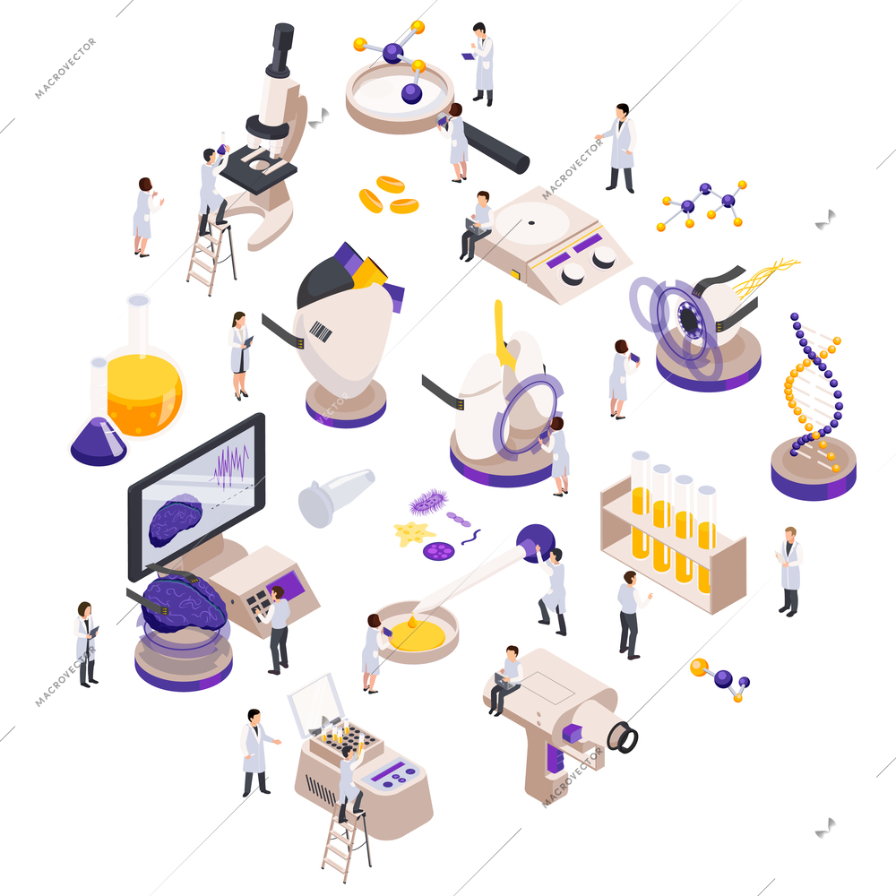 Future technology isometric composition with set of electronic lab equipment dna molecules and small human characters vector illustration