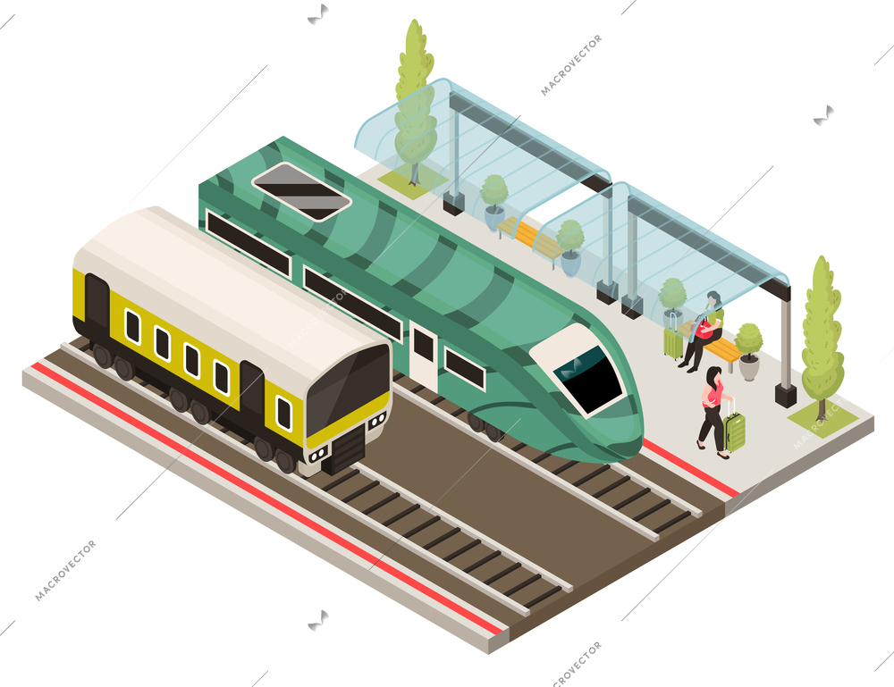 Isometric railway station composition with view of passengers on platform and image of high speed train vector illustration