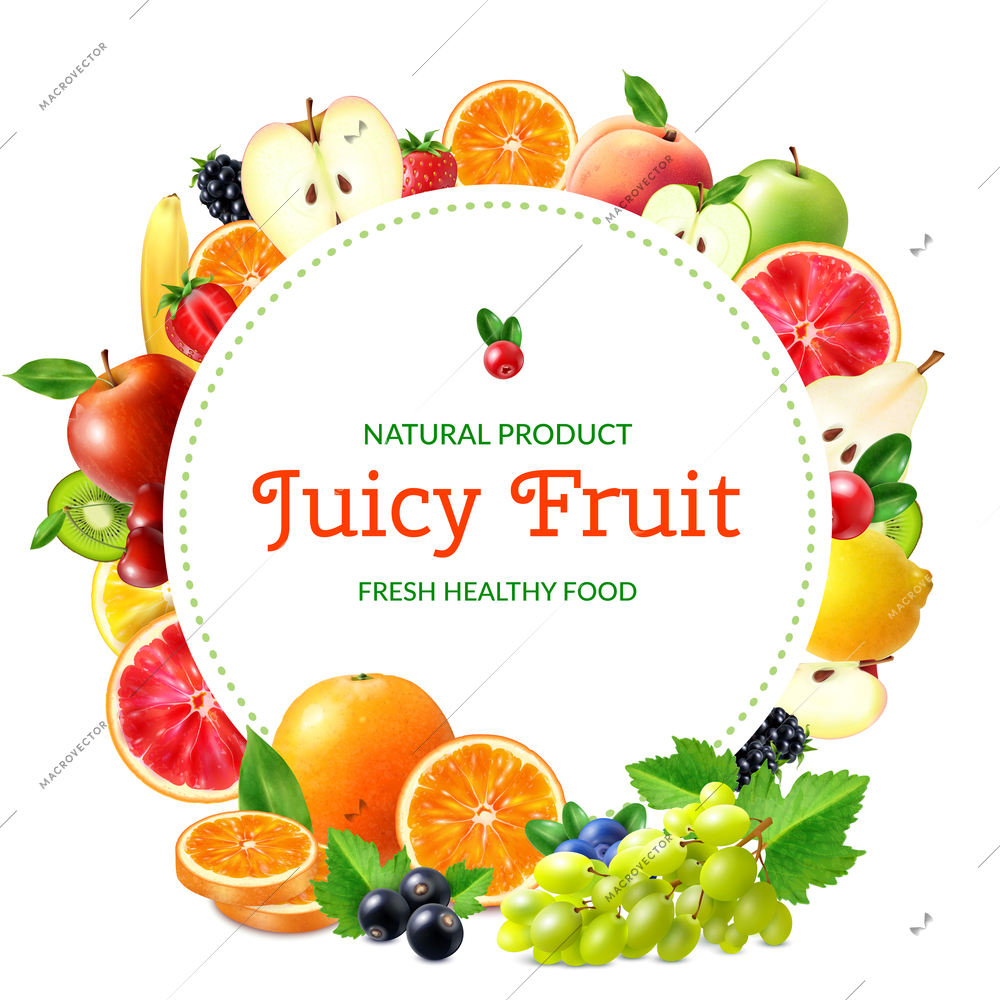 Realistic frame with juicy ripe fruits and berries on white background vector illustration