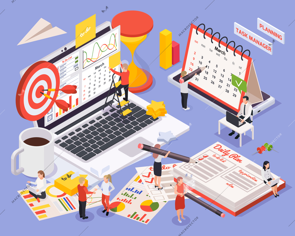 Time management planning schedule isometric concept with daily plan planning task manager and planning descriptions vector illustration