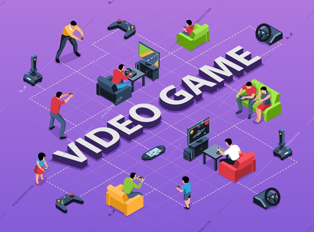 Isometric video game flowchart composition with 3d text surrounded by isolated human characters joysticks gaming gadgets vector illustration