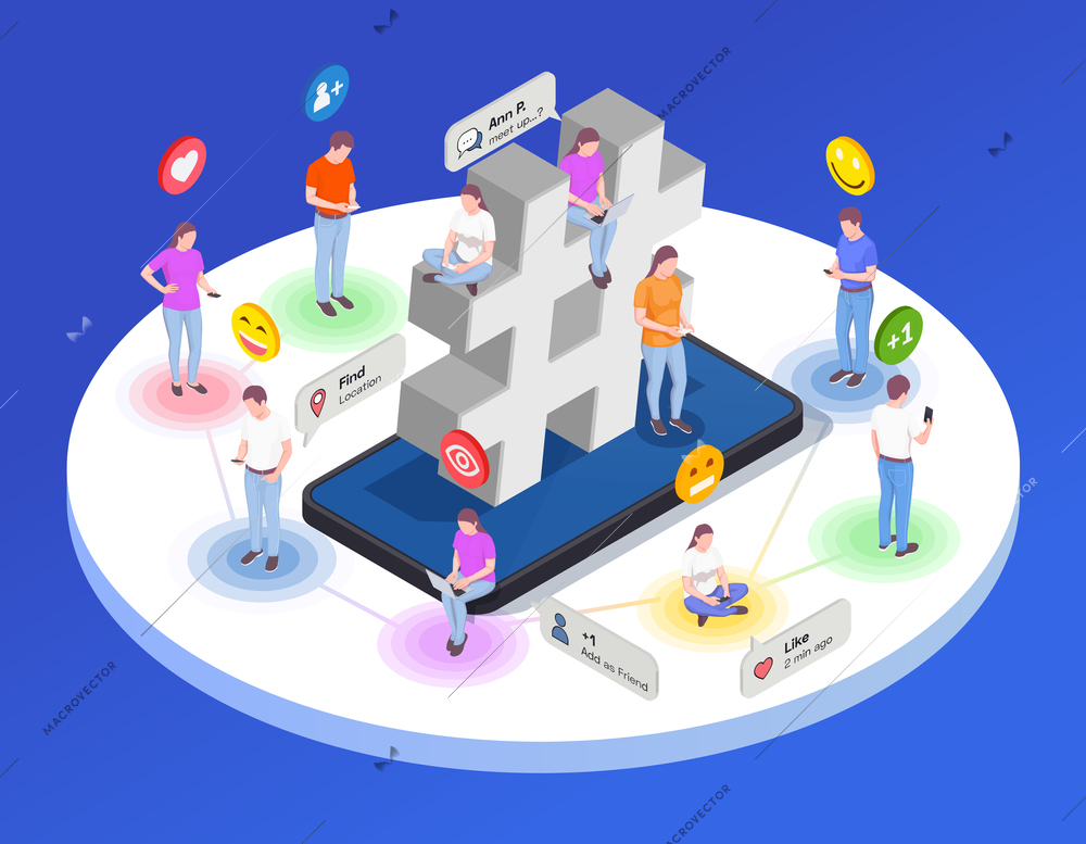 Social network isometric round composition of conceptual images human characters emoji icons smiles and notification pictograms vector illustration