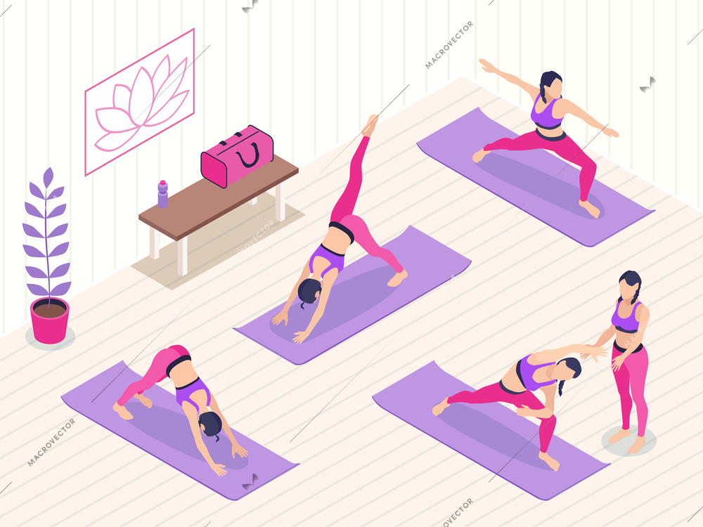 Yoga studio isometric background with group of female characters doing exercises with coach vector illustration