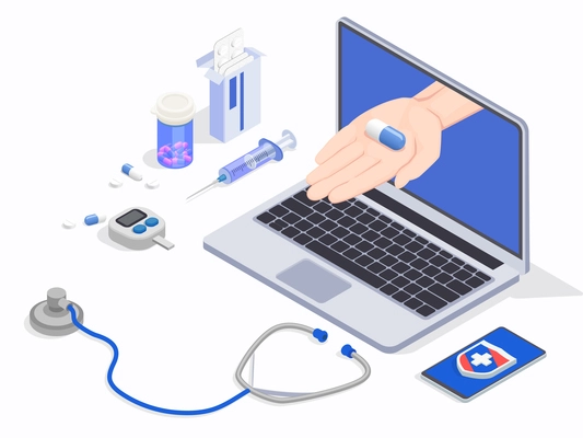 Telemedicine digital health isometric composition with conceptual images of laptop computer and human hand sharing pill vector illustration