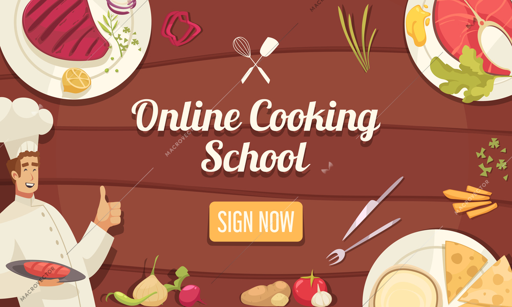 Chef online school poster with cooking workshop symbols flat vector illustration