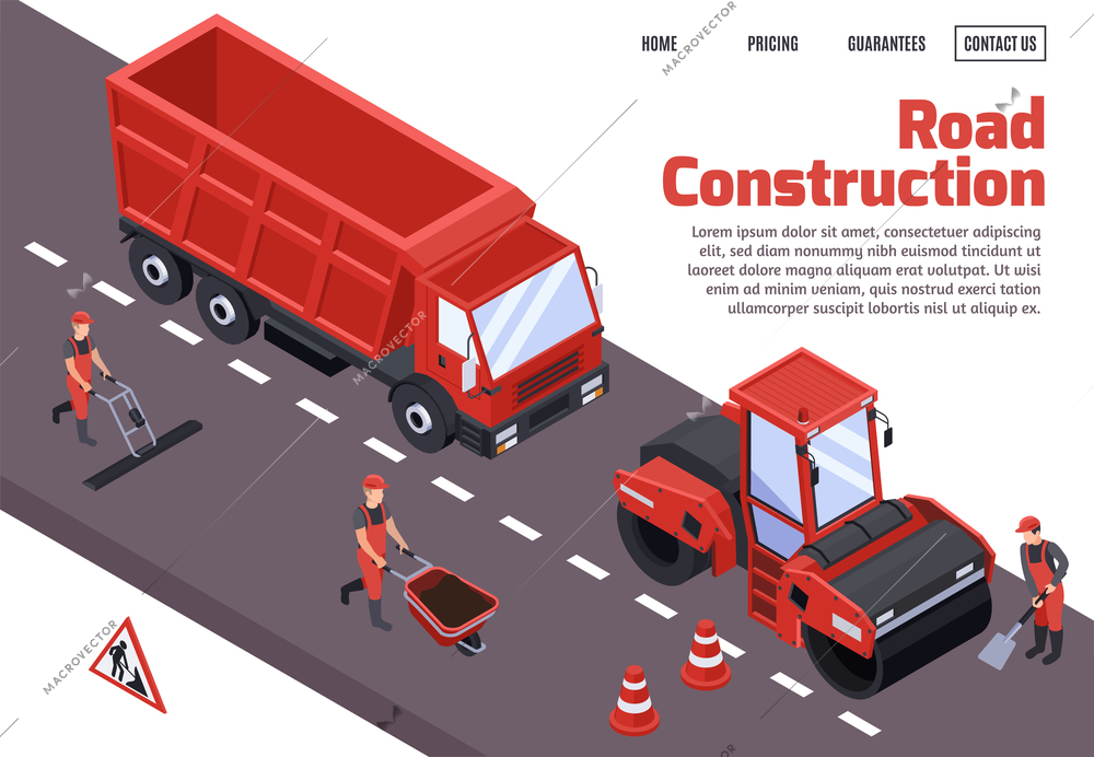 Road construction isometric concept with big headline and red machines and bulldozers vector illustration