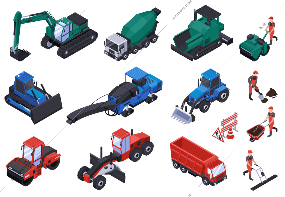 Isometric road construction icon set different types of machines bulldozers and equipment vector illustration