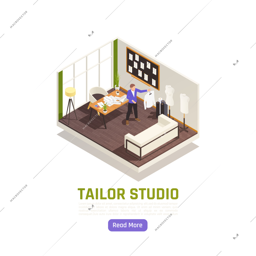 Fashion apparel designer studio interior isometric view with mens clothing pattern sketches and customer tailored shirts vector illustration