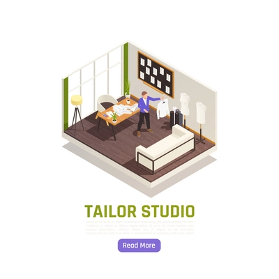 Fashion apparel designer studio interior isometric view with mens clothing pattern sketches and customer tailored shirts vector illustration