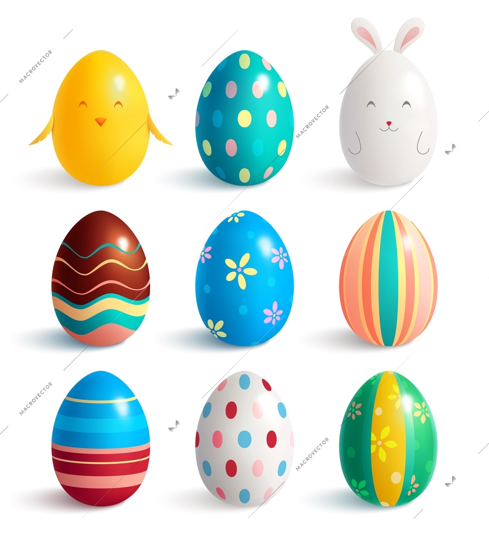 Set of nine easter eggs realistic images with decorative lines and various colour patterns with shadows vector illustration