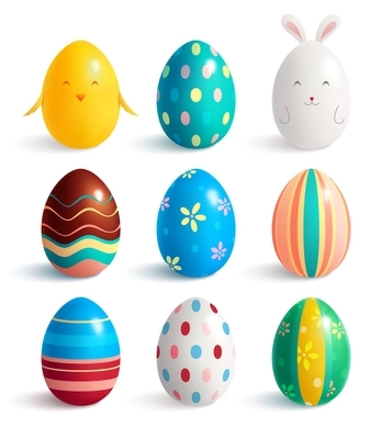 Set of nine easter eggs realistic images with decorative lines and various colour patterns with shadows vector illustration