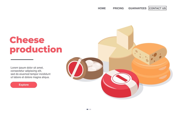 Dairy production page design with cheese production symbols isometric vector illustration