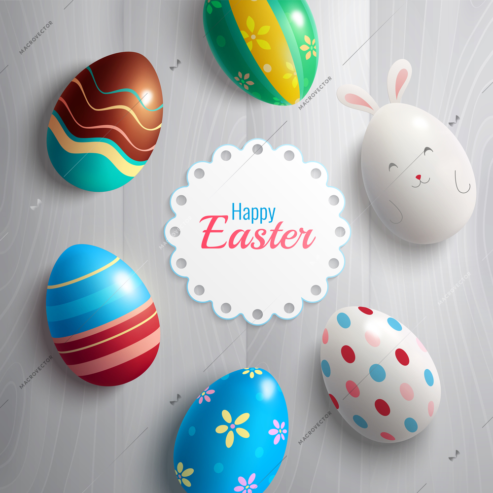 Easter greeting card with top view of colourful decorated eggs with shadows and editable text frame vector illustration