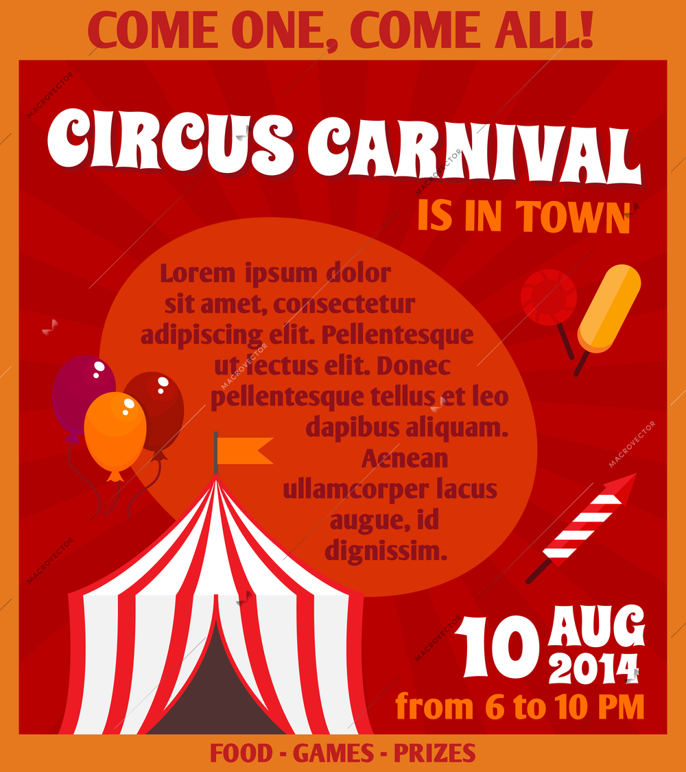 Travelling circus carnival event advertising games prizes and exciting clown balloons performance colorful poster design vector illustration