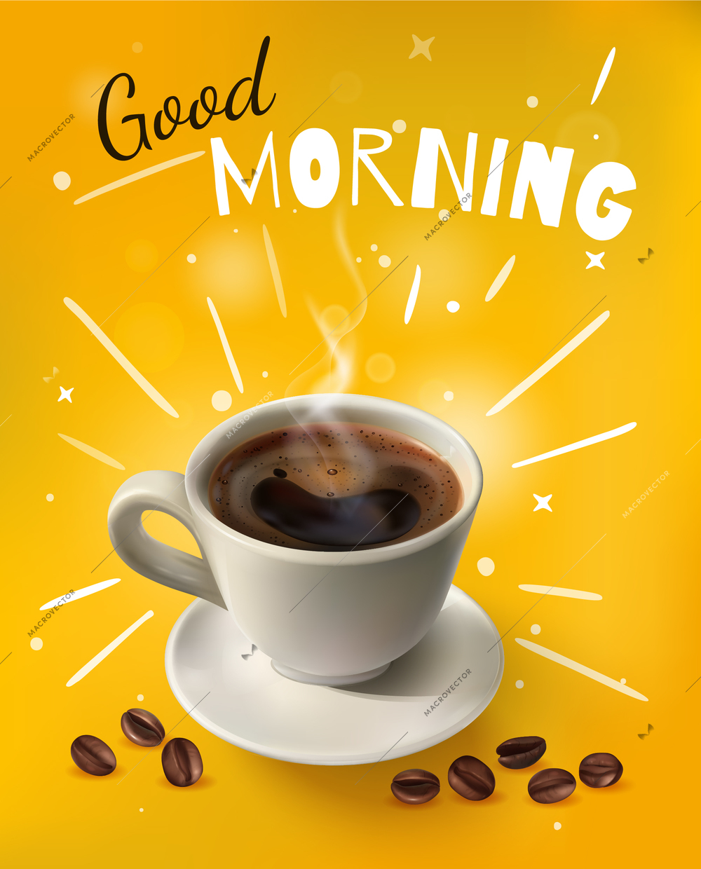 Bright yellow and realistic coffee composition with white cup of coffee and good morning headline vector illustration