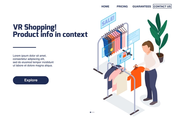 Modern clothing store isometric background for web site landing page with clickable links and editable text vector illustration