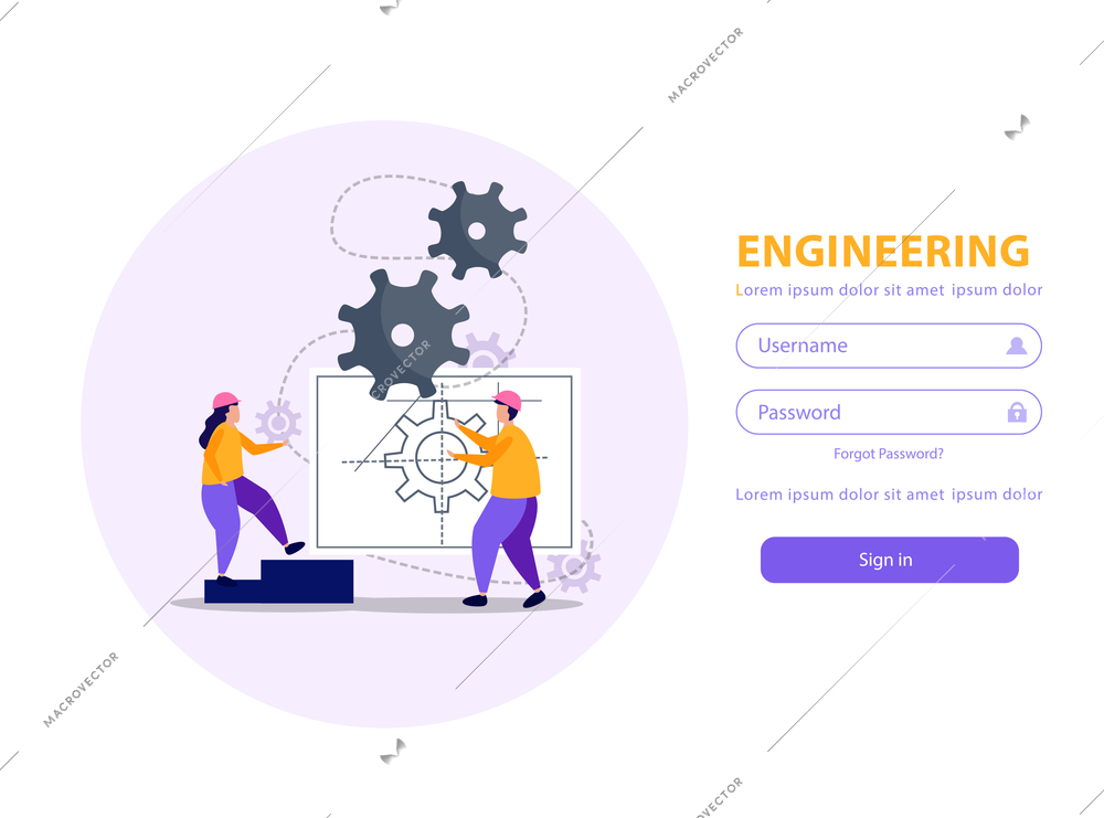 Engineering mobile application with username and password flat vector illustration