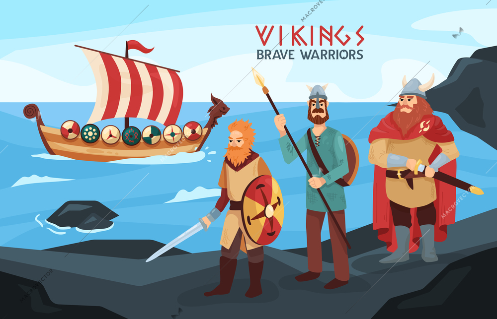 Armed viking brave warriors seafarers on black rocks seashore with raid ready longship on background vector illustration