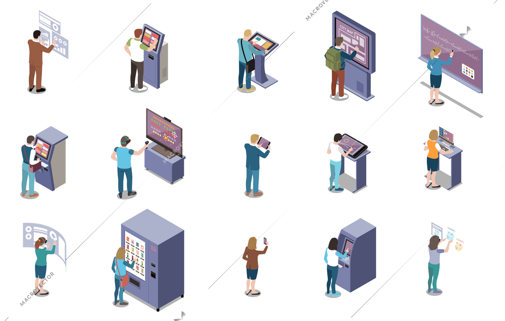 People and interfaces isometric set of electronic gadgets used in business education and commerce isolated vector illustration