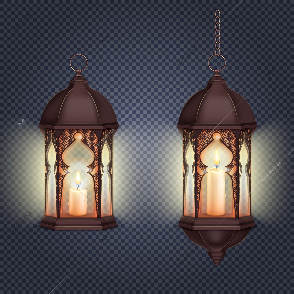 Ramadan kareem lantern realistic composition on transparent background with isolated images of lanterns hanging on chain vector illustration