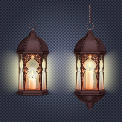 Ramadan kareem lantern realistic composition on transparent background with isolated images of lanterns hanging on chain vector illustration