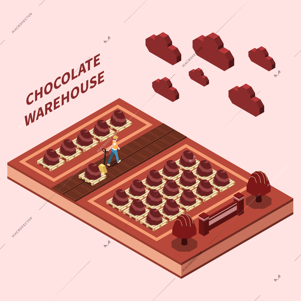 Chocolate warehouse abstract design concept with worker delivering on shelves sweet   production isomeric vector illustration