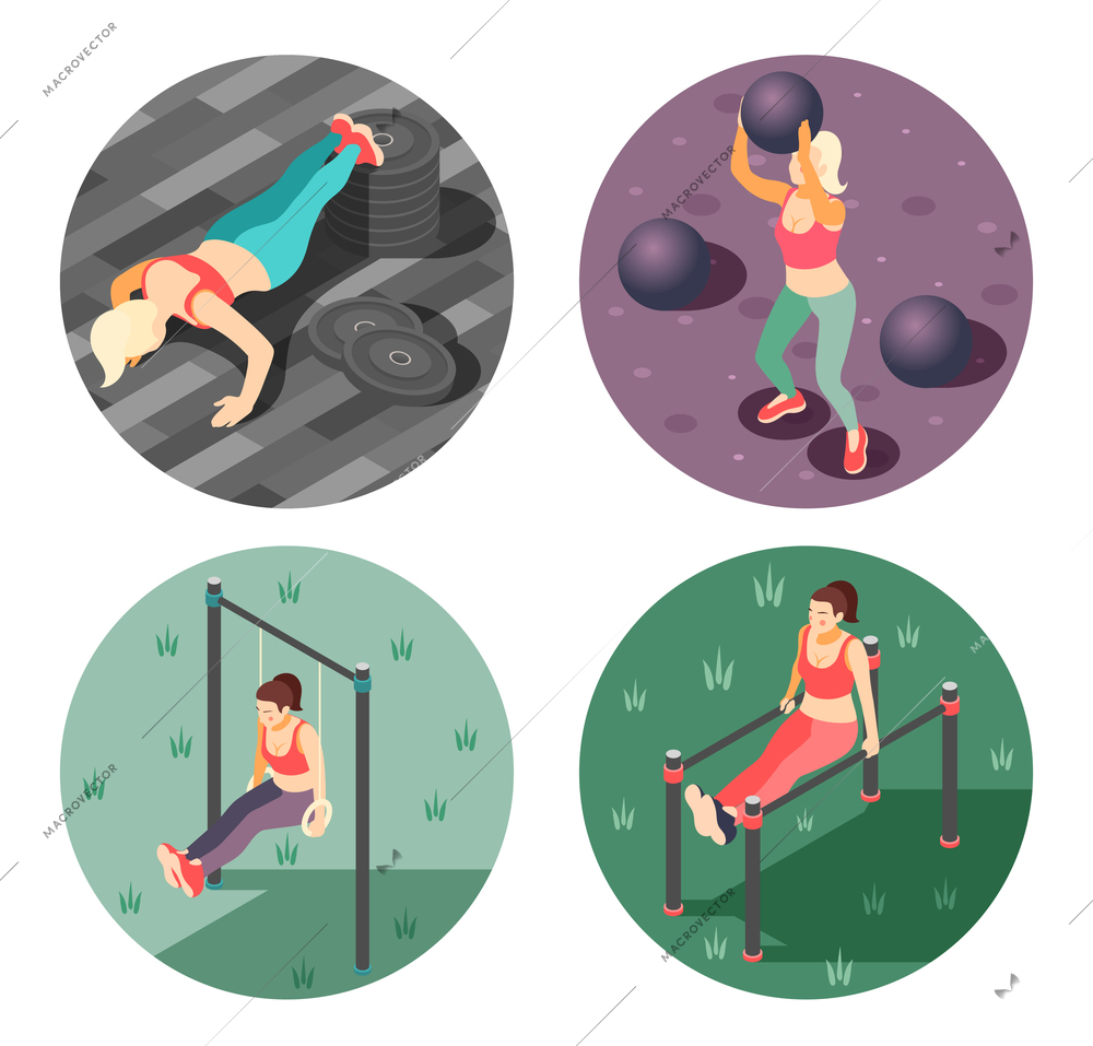 Total body workout concept 4 isometric round compositions with rings gym parallel bars push ups vector illustration