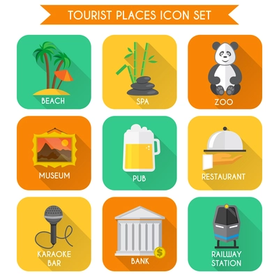 Decorative tourist places icons set of beach zoo spa isolated vector illustration