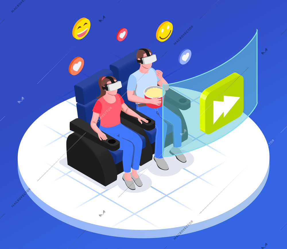 Virtual augmented reality isometric composition with couple sitting on sofa with emoticons popcorn and vr glasses vector illustration