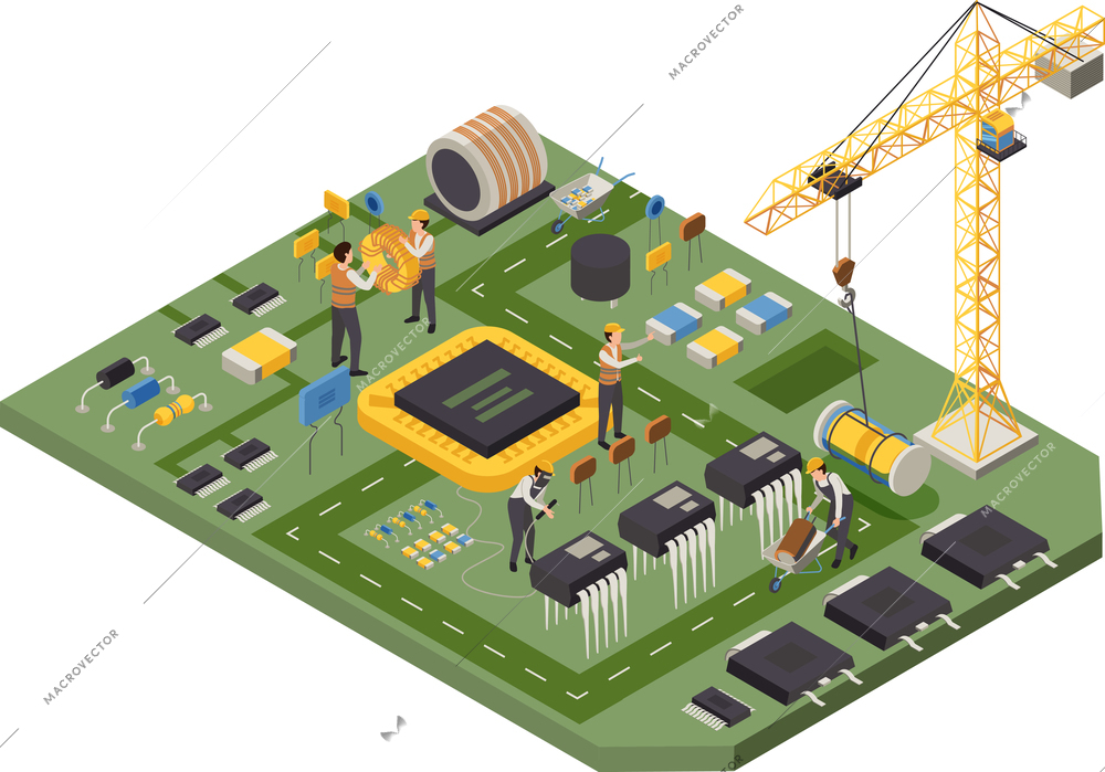 Semiconductor element production isometric composition with circuit board shown as construction site with human characters of workers vector illustration