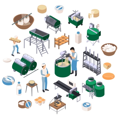 Dairy production isometric recolor round composition with isolated icons of industrial facilities and ready milk products vector illustration