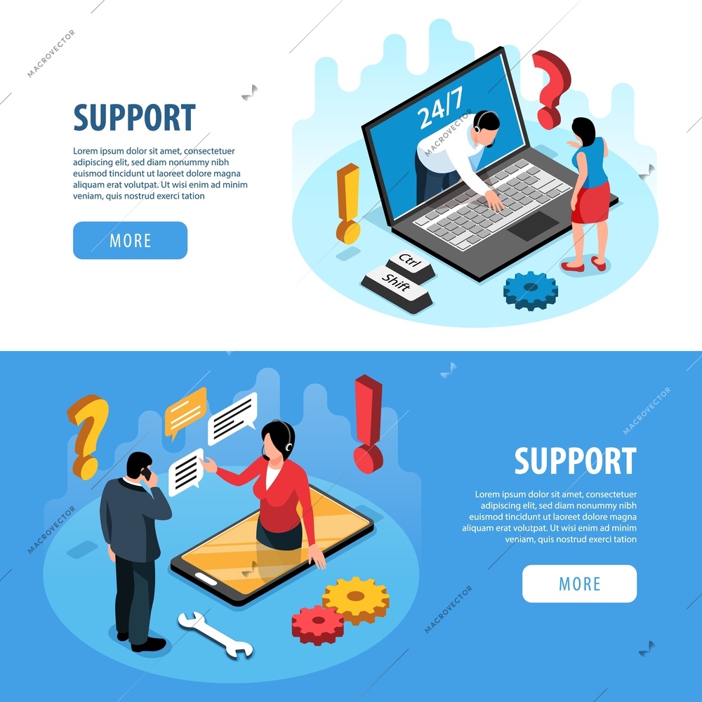 Isometric call center support banners collection with 3d pictograms and human characters with text and buttons vector illustration