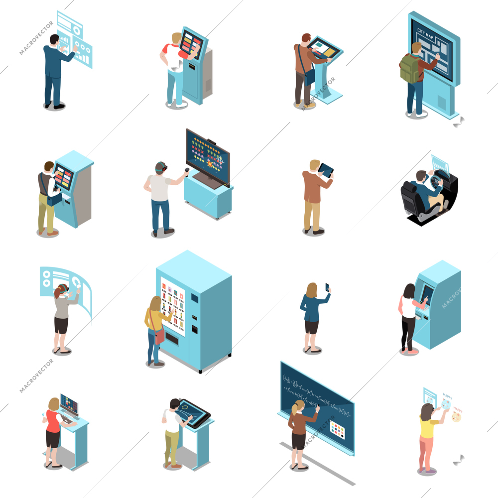 People using touch screen interfaces vending machine payment terminal electronic board isometric set isolated vector illustration