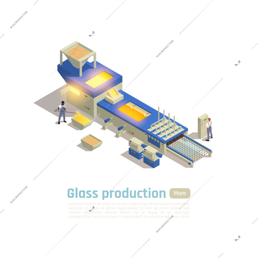 Modern glass container factory hot end production line isometric composition with  furnace batch processing system vector illustration