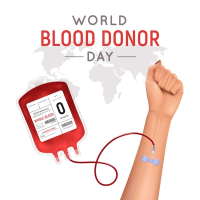 World donor background with realistic hand and medical container with blood vector illustration