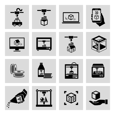 Printer 3d black icons set of manufacturing technology and production process isolated vector illustration