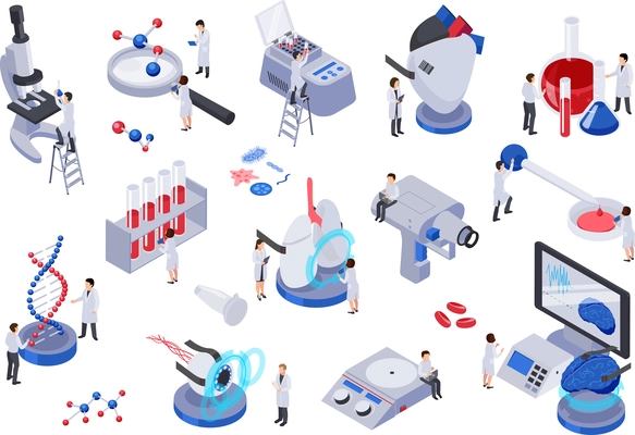 Future technology isometric set with isolated icons and human characters with test tubes molecules laboratory equipment vector illustration