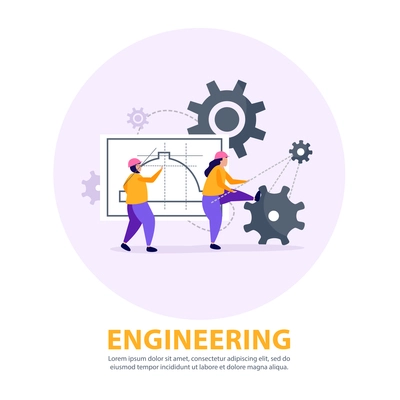 Engineering concept with people working and strategy symbols flat vector illustration