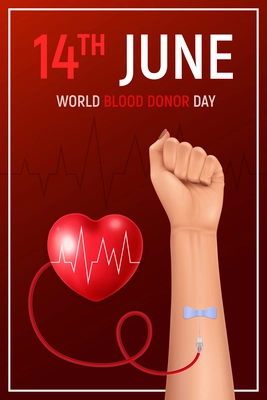 World blood donor day realistic poster with human hand and heart on red background vector illustration