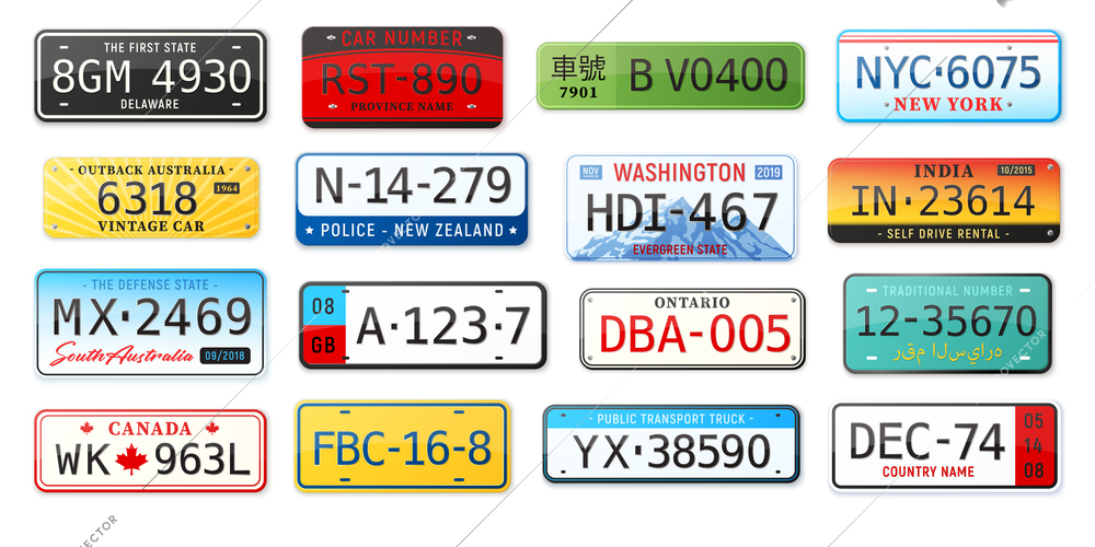 Realistic car number plate set with isolated images of license plates of various design and state vector illustration