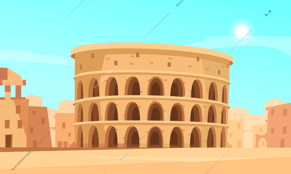 Cartoon background with rome coliseum and ancient buildings vector illustration